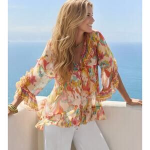 JADE by Johnny Was NEW Gal Ruffle Tie Prismatic Sheer Silk Top, Med